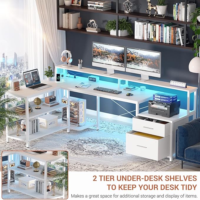 Aheaplus L Shaped Desk with File Drawer, 72.8" Reversible L Shaped Computer Desk with Power Outlet & LED Strip, Gaming Desk with Long Monitor Stand, Office Desk Corner Desk with Storage Shelf, White - LeafyLoom