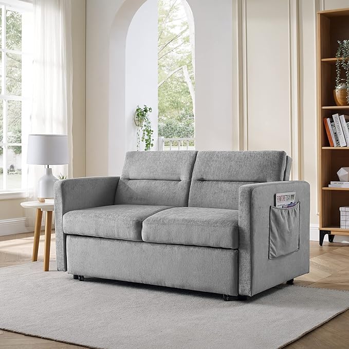 3 in 1 Sleeper Sofa Bed,Contemporary Minimalist Style 2 Seater Loveseat Convertible Sofa&Couch with Pull Out Sofabed and Side Storage Pockets for Home,Office,Apartment,RV Living Room Furniture - LeafyLoom