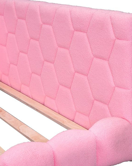 Full Size Upholstered Daybed Sofa Bed with L-shaped Headboard, USB Ports and LED Belt, Pink - LeafyLoom