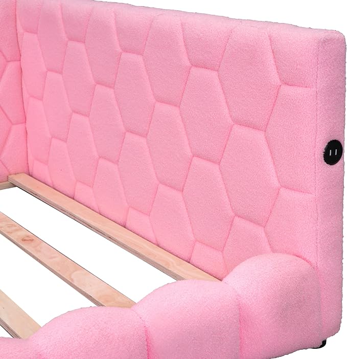 Full Size Upholstered Daybed Sofa Bed with L-shaped Headboard, USB Ports and LED Belt, Pink - LeafyLoom