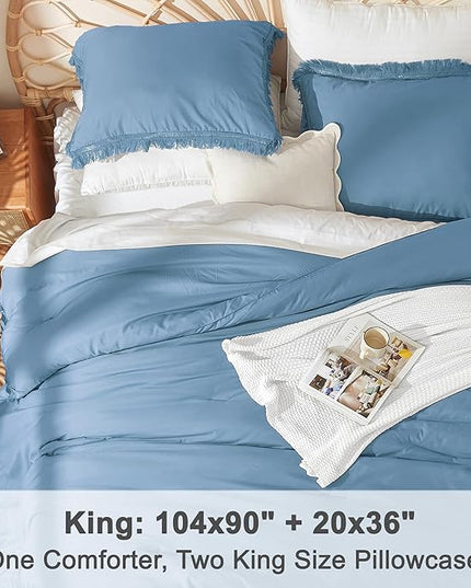 Litanika Grayish Blue King Size Comforter Set, Boho Tassel Comforter Aesthetic 3 Pieces, Lightweight Fringe Microfiber Bedding Set for All Season(1 Comforter 104x90 inch, 2 Pillowcases) - LeafyLoom