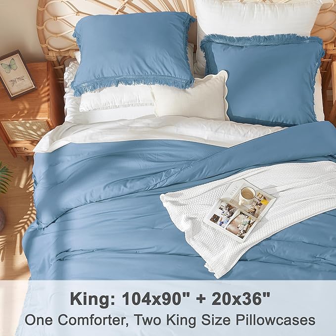 Litanika Grayish Blue King Size Comforter Set, Boho Tassel Comforter Aesthetic 3 Pieces, Lightweight Fringe Microfiber Bedding Set for All Season(1 Comforter 104x90 inch, 2 Pillowcases) - LeafyLoom
