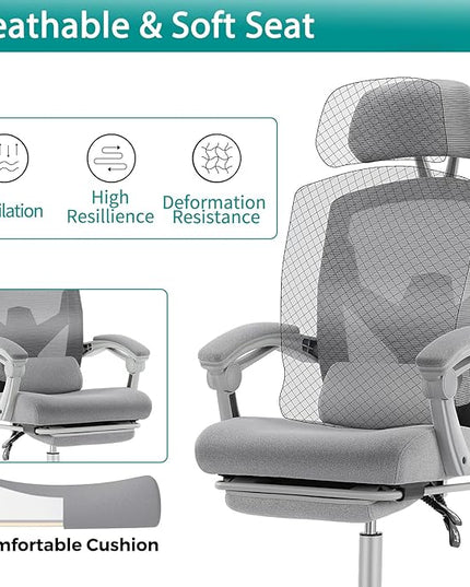 MCQ Office Computer Desk Chair, Gaming Chairs for Adults, High-Back Mesh Rolling Swivel Reclining Chairs with Wheels, Comfortable Lumbar Support, Comfy Arms for Home, Office, Gaming, Student, Grey - LeafyLoom