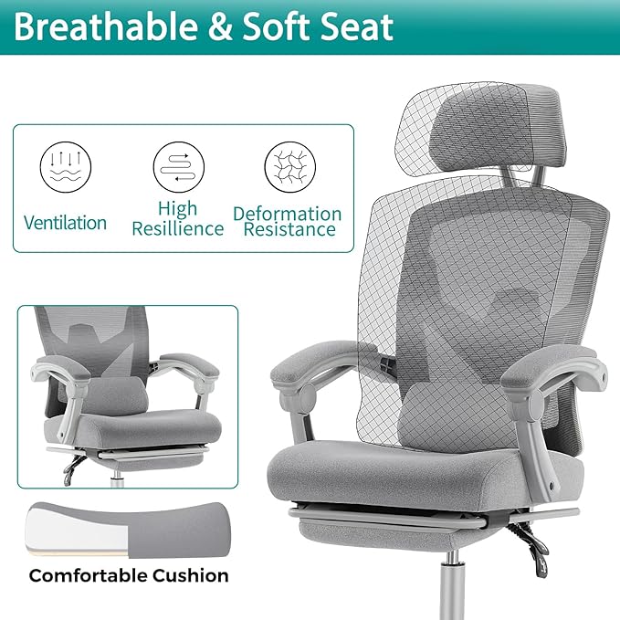 MCQ Office Computer Desk Chair, Gaming Chairs for Adults, High-Back Mesh Rolling Swivel Reclining Chairs with Wheels, Comfortable Lumbar Support, Comfy Arms for Home, Office, Gaming, Student, Grey - LeafyLoom