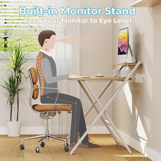 GreenForest Folding Desk No Assembly Required Large Size, 2-Tier Foldable Computer Desk with Shelf for Home Office, Space Saving Portable Laptop Study Foldable Table for Bedroom, Oak - LeafyLoom