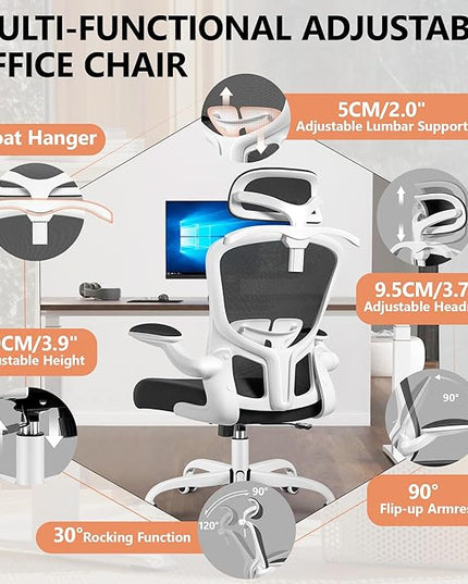 FelixKing Office Chair with Headrest, Ergonomic Desk Chair with Wheels, Task Swivel Comfy Chair with Adjustable Lumbar Support, Breathable Mesh Computer Chair with flip-up Armrests (White) - LeafyLoom