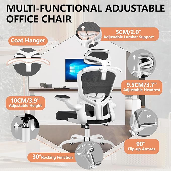 FelixKing Office Chair with Headrest, Ergonomic Desk Chair with Wheels, Task Swivel Comfy Chair with Adjustable Lumbar Support, Breathable Mesh Computer Chair with flip-up Armrests (White) - LeafyLoom