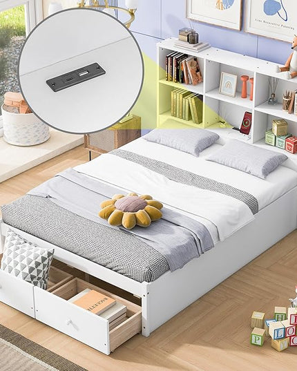 Full Size Platform Bed with Storage Headboard Bookcase, 2 Drawers Underneath and Charging Station, for Bedroom/Guest Room, White - LeafyLoom