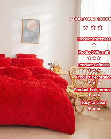 FOPPA Red fluffy Comforter Cover Set king- Ultra Soft fluffy Red Bedding Sets 3 Pieces (1 Duvet Cover + 2 Pillow case) pink fluffy bed set (Red, King) - LeafyLoom