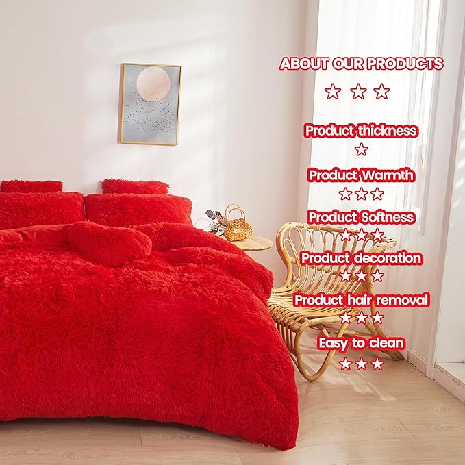 Fluffy Red comforters Cover twin size - Ultra Soft Plush red bedding Sets 2 Pieces (1 faux fur comforter Cover + 1 fuzzy pillow case) girls shaggy red twin bed set (Red, Twin) - LeafyLoom