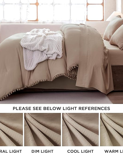 Litanika King Size Comforter Set Taupe,3 Pieces Taupe Boho Pom Pom Lightweight Bed Comforter, All Season Soft Solid Color Bedding Comforter Sets (1 Comforter 104x90 Inch, 2 Pillowcases) - LeafyLoom