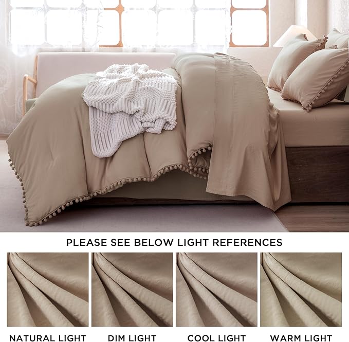 Litanika Queen Size Comforter Set Taupe,3 Pieces Taupe Boho Pom Pom Lightweight Bed Comforter, All Season Soft Solid Color Bedding Comforter Sets (1 Comforter 90x90 Inch, 2 Pillowcases) - LeafyLoom