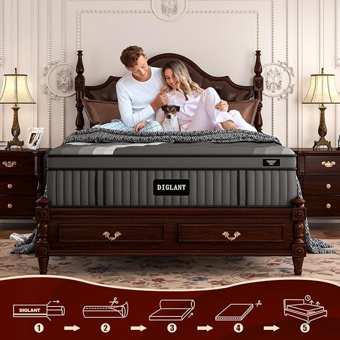 Queen Mattress DIGLANT 14 Inch Memory Foam Hybrid Mattress in a Box, Motion Isolation Individually Pocket Spring, Supportive & Back Pain Relief, Queen Size Plush Mattress, Black, 60”x80” - LeafyLoom