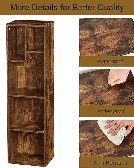 VECELO 4-Tier Bookcase, Modern Storage Cabinet with Height Difference Shelves for Standard Textbooks, 5 Cubes, Vertical or Horizontal, Easy Assembly, Rustic Brown - LeafyLoom