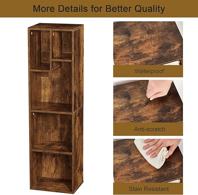 VECELO 4-Tier Bookcase, Modern Storage Cabinet with Height Difference Shelves for Standard Textbooks, 5 Cubes, Vertical or Horizontal, Easy Assembly, Rustic Brown - LeafyLoom