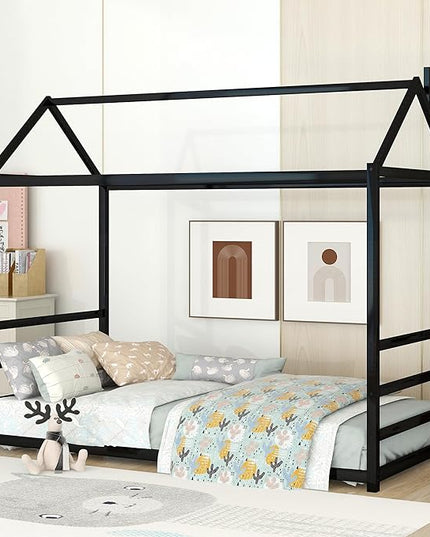 Bellemave Twin Size Montessori Floor Bed for Kids,Floor Bed with Roof, House Bed for Boys Girls,Metal House Shape Platform Bed Twin,Black - LeafyLoom