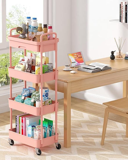 4-Tier Rolling Cart，Trolley with Drawer, Kitchen Storage Organizer with Plastic Shelf & Metal Wheels, Storage Cart for Living Room, Kitchen, Office, Bathroom, Pink - LeafyLoom