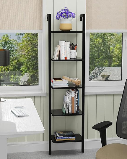 YMYNY 5 Tiers Narrow Ladder Bookcase, Industrial Wall Mounted Bookshelf, Open Display Rack with Metal Frame, Wooden Storage Shelves for Bedroom, Home Office, Living Room, Black, 70*17.3*11.8"UHBC015B - LeafyLoom