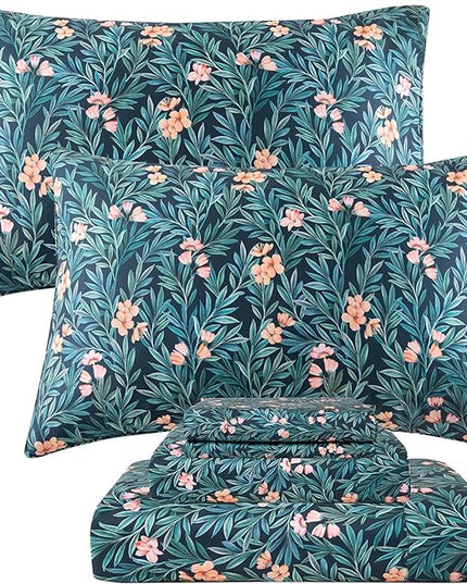 QSH Floral Egyptian Cotton Sheets King Size - Floral Bedding Sheets Botanical Pattern Printed Bedding King Size Bed Sheets 17.5" Extra Deep Pocket 4pcs - LeafyLoom