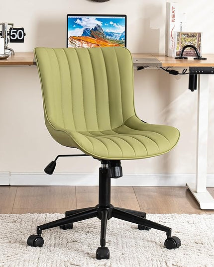 YOUNIKE Armless Office Chair Swivel Desk Chair with Wheels Upholstered Leather Task Computer Chair Adjustable Modern Rolling Gaming Chair Avocado Green Vanity Chair - LeafyLoom