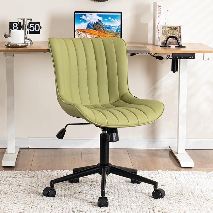 YOUNIKE Armless Office Chair Swivel Desk Chair with Wheels Upholstered Leather Task Computer Chair Adjustable Modern Rolling Gaming Chair Avocado Green Vanity Chair - LeafyLoom