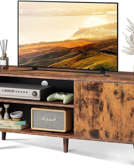 WLIVE Mid-Century Modern TV Stand for 55" TV, Entertainment Center with Storage, Open Shelves TV Console for Living Room and Bedroom, Retro Brown - LeafyLoom