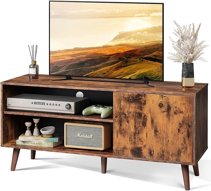 WLIVE Mid-Century Modern TV Stand for 55" TV, Entertainment Center with Storage, Open Shelves TV Console for Living Room and Bedroom, Retro Brown - LeafyLoom