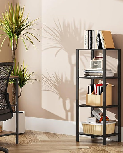 TUTOTAK Bookshelf, 4-Tier Tall Book Shelf, Narrow Bookcase for Small Space, DIY Stackable Bookshelf, for Living Room, Office, Study, Entryway, Industrial, Black BS01BK004 - LeafyLoom