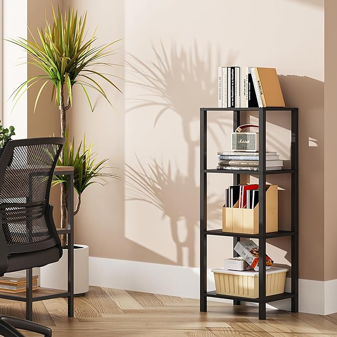 TUTOTAK Bookshelf, 4-Tier Tall Book Shelf, Narrow Bookcase for Small Space, DIY Stackable Bookshelf, for Living Room, Office, Study, Entryway, Industrial, Black BS01BK004 - LeafyLoom