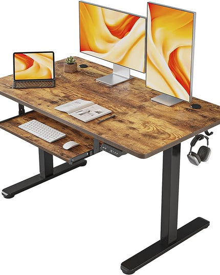 FEZIBO Standing Desk with Keyboard Tray, 48 × 24 Inches Electric Height Adjustable Desk, Sit Stand Up Desk, Computer Office Desk, Rustic Brown - LeafyLoom