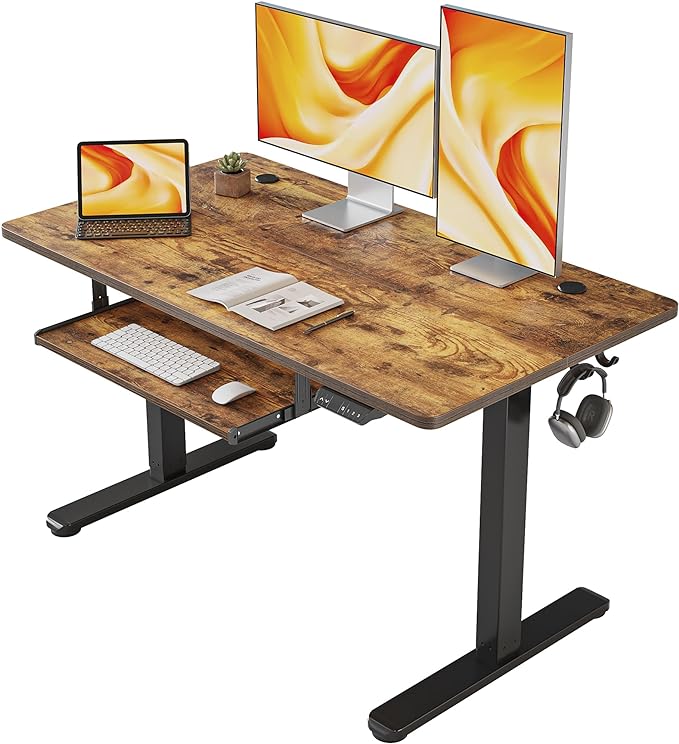 FEZIBO Standing Desk with Keyboard Tray, 48 × 24 Inches Electric Height Adjustable Desk, Sit Stand Up Desk, Computer Office Desk, Rustic Brown - LeafyLoom