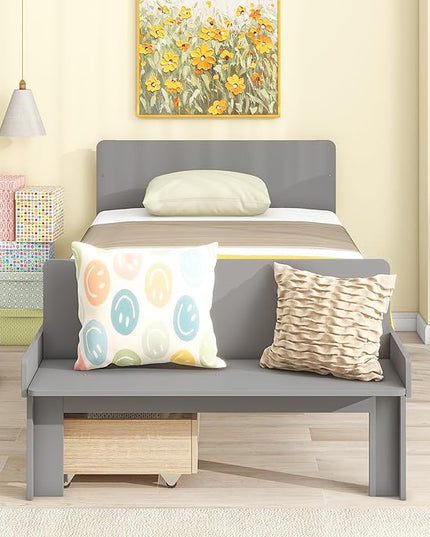 Twin Bed with 2 Drawers,Storage Platform Bed with Footboard Bench and Headboard,Pine Wood Twin Size Bed Frame High Stable for Kids,Boys,Girls,Teens, No Box Spring Needed,Grey - LeafyLoom