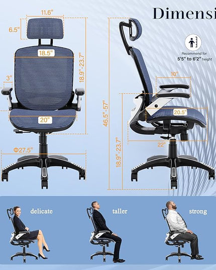 GABRYLLY Ergonomic Office Chair, High Back Mesh Desk Chair with Adjustable Headrest, Flip-Up Arms, 90-120° Tilt Lock, Lumbar Support and Comfy Seat, Swivel Computer Task Chair, Blue - LeafyLoom
