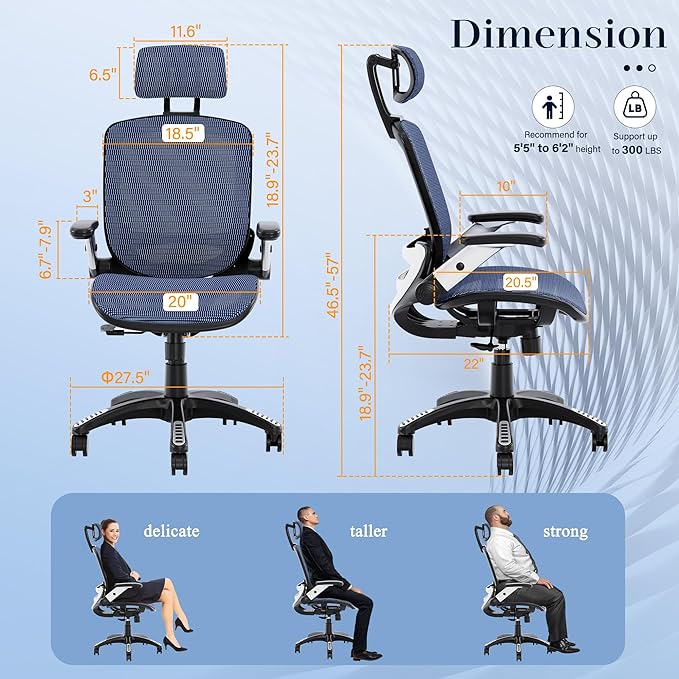 GABRYLLY Ergonomic Office Chair, High Back Mesh Desk Chair with Adjustable Headrest, Flip-Up Arms, 90-120° Tilt Lock, Lumbar Support and Comfy Seat, Swivel Computer Task Chair, Blue - LeafyLoom