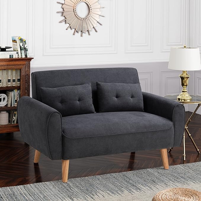 Shintenchi 47" Black Wood Loveseat Sofa, 350 lbs Weight Capacity, Simple Assembly Required - LeafyLoom