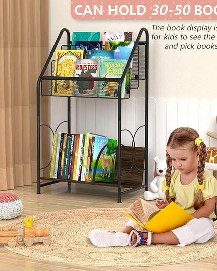 Bookshelf, 4-Tier Metal & Wood Rolling Book Cart on Wheels, Record Cabinet for Book Magazine Turntable, Record Holder Up to 100 Albums, Multifunction Utility Cart, Black - LeafyLoom