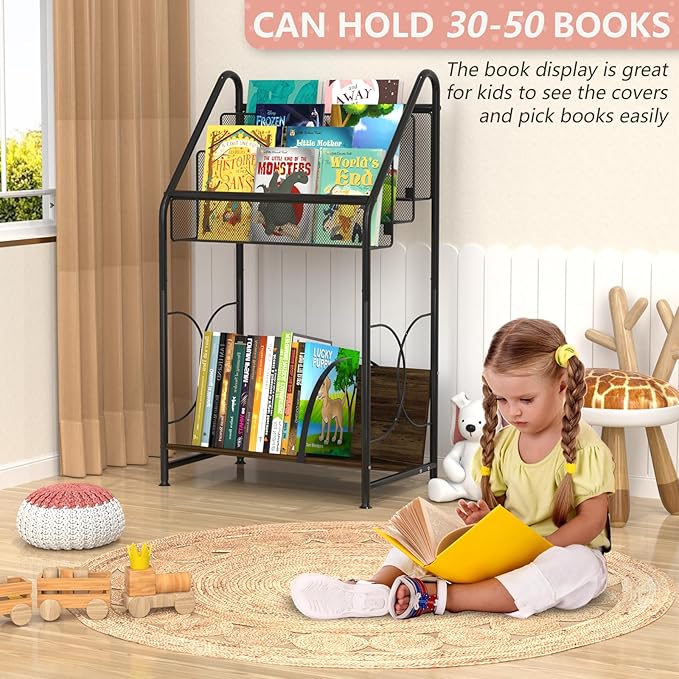 Bookshelf, 4-Tier Metal & Wood Rolling Book Cart on Wheels, Record Cabinet for Book Magazine Turntable, Record Holder Up to 100 Albums, Multifunction Utility Cart, Black - LeafyLoom