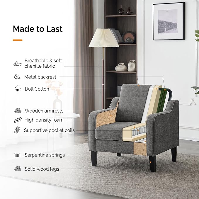 VINGLI Accent Chairs for Living Room Chairs Reading Chair Mid Century Modern Chair Soft Chenille Sofa Chair Upholstered Arm Chair Comfy Chair Side Chair (Light Grey Chenille) - LeafyLoom