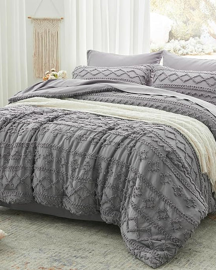 Anluoer Queen Comforter Set 7 Pieces, Grey Tufted Bed in a Bag with comforters and sheets, All Season Bedding Sets with 1 Comforter, 2 PillowShams, 2 Pillowcases, 1 Flat Sheet, 1 Fitted Sheet - LeafyLoom