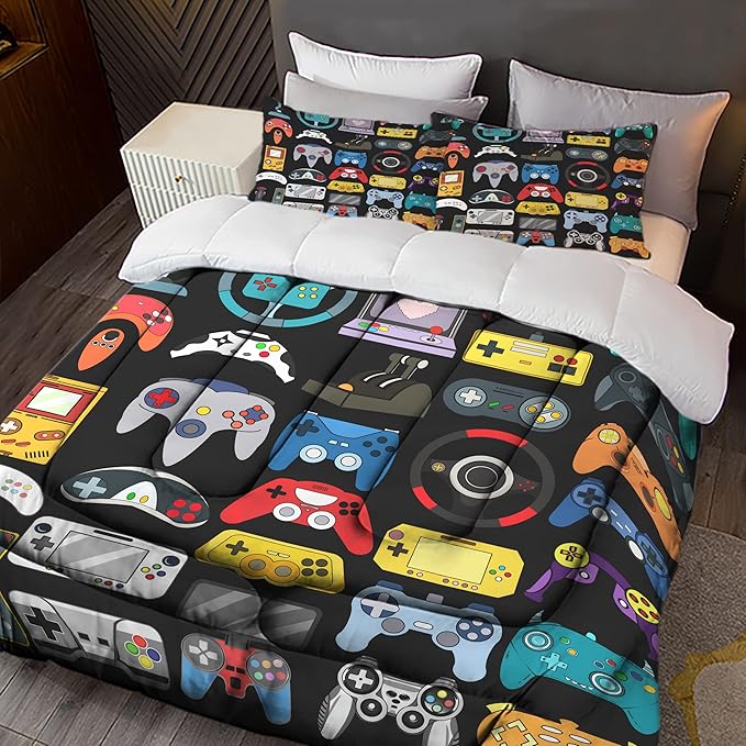 Sunnycitron Gamer Bedding Set, Twin Comforter, 100% Microfiber, 3Pcs, Game2-2, Boys Bedroom Decor, Gaming Room Decor, All Seasons, Machine Wash - LeafyLoom