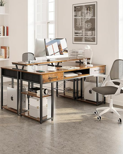 ODK Computer Desk with Drawers & Power Outlet, 55 Inch Office Desk with Keyboard Tray & Storage Shelves & PC Stand, Office Table Work Desk with Monitor Stand, Rustic Brown - LeafyLoom