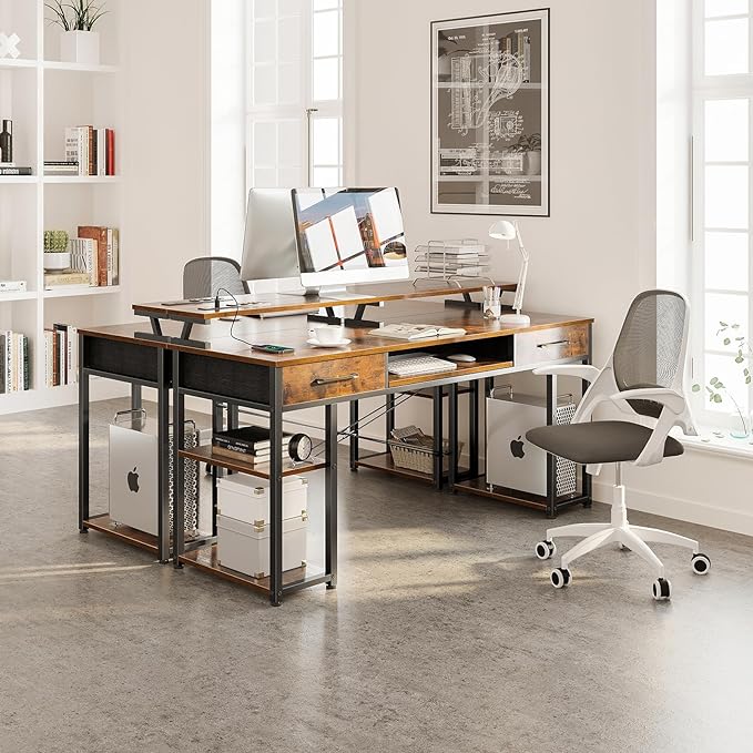 ODK Computer Desk with Drawers & Power Outlet, 55 Inch Office Desk with Keyboard Tray & Storage Shelves & PC Stand, Office Table Work Desk with Monitor Stand, Rustic Brown - LeafyLoom