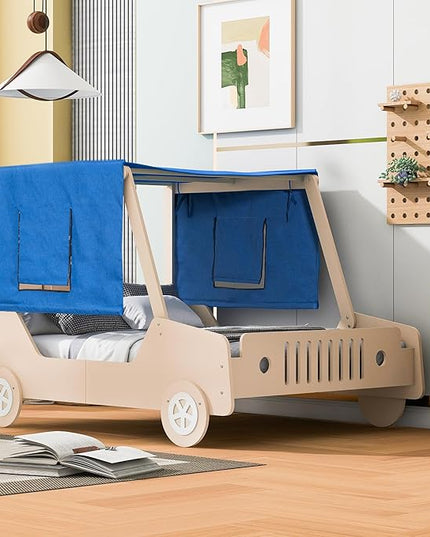 Full Size Kids Car Bed with Tent Canopy & Wheels,Wood Bedframe W/Safty Grille,Raised Base Design,Easy to Assemble,Toddler Boys Car-Shaped Bedroom Beds for Reading Playing Relaxing,Natural - LeafyLoom