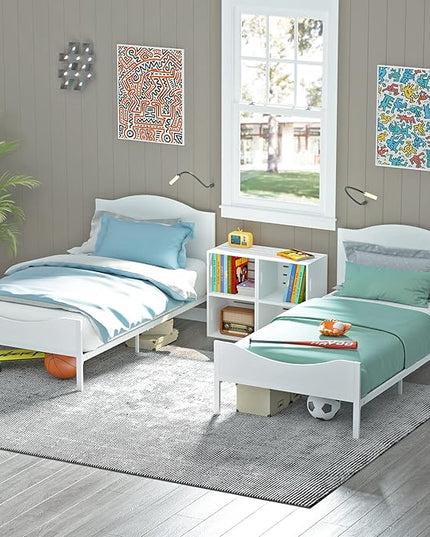 Timy Kids Twin Bed Frame with Wooden Headboard and Footboard, Metal Platform Bed Frame for Boys Girls Teens Adults, Modern Kids Bed Furniture, No Box Spring Needed, White - LeafyLoom