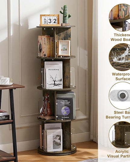 VECELO 4 Tier Revolving Bookshelf Tower, 360° Display Floor Standing Storage Rack with Acrylic Visible Window Partition for Bedroom, Living Room Home and Office, Brown - LeafyLoom