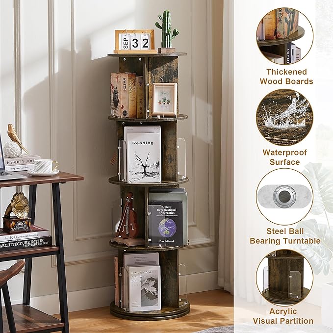 VECELO 4 Tier Revolving Bookshelf Tower, 360° Display Floor Standing Storage Rack with Acrylic Visible Window Partition for Bedroom, Living Room Home and Office, Brown - LeafyLoom