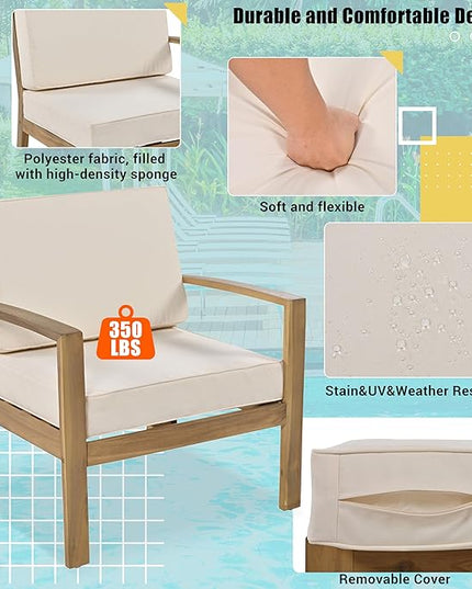 Merax 6-Piece Outdoor Sectional Conversation Sofa Seat Cushions Acacia Wood Frame Furniture Sets with Coffee Table and Ottoman for Garden Backyard Patio and Poolside, Beige - LeafyLoom
