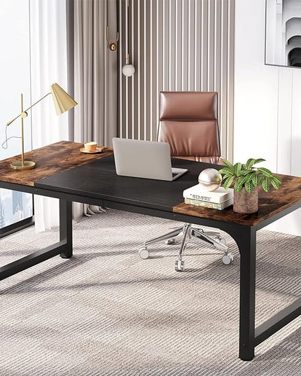 63 Inch Large Executive Computer office desk, Brown+Black - LeafyLoom