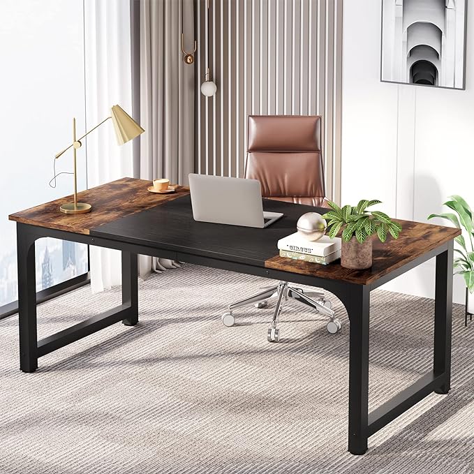 63 Inch Large Executive Computer office desk, Brown+Black - LeafyLoom