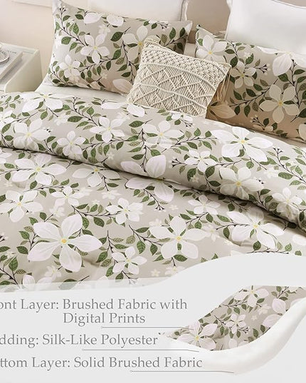 Whale Flotilla King Comforter Set, Soft Reversible Beige Bedding Comforter Set with Botanical Pattern, 1 Micoriber Printed Comforter and 2 Pillow Shams, 3 Pieces - LeafyLoom
